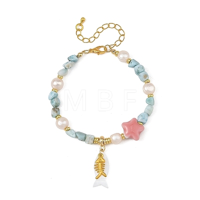 Summer Alloy Fishbone and Natural Shell Fish Charm Bracelets BJEW-JB14438-1