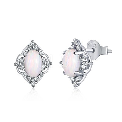 Rhodium Plated 925 Sterling Silver Opal Stud Earrings for Women EJEW-P231-74B-1