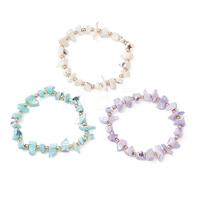 3Pcs 3 Colors Dyed Natural Trochid Shell/Trochus Shell Chip Beaded Stretch Bracelets for Women BJEW-JB13124-1
