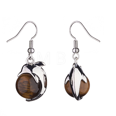 Natural Tiger Eye Dolphin Dangle Earrings with Crystal Rhinestone EJEW-A092-20P-17-1