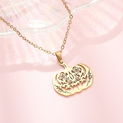 Halloween 304 Stainless Steel Hollow Floral Pumpkin Pendant Cable Chain Necklaces for Men Women NJEW-K308-09G-1