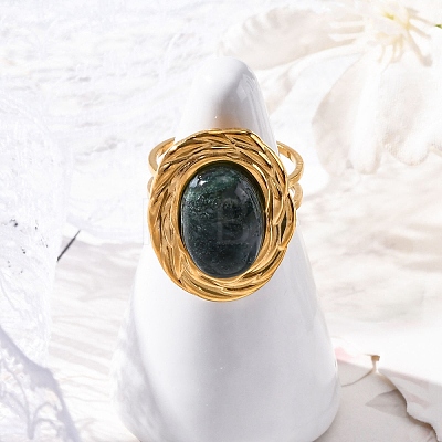 Oval Natural Moss Agate Finger Rings RJEW-M063-01G-07-1