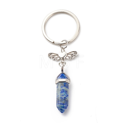 Bullet Natural Mixed Gemstone and Alloy Heart with Wing Keychains KEYC-JKC00361-1