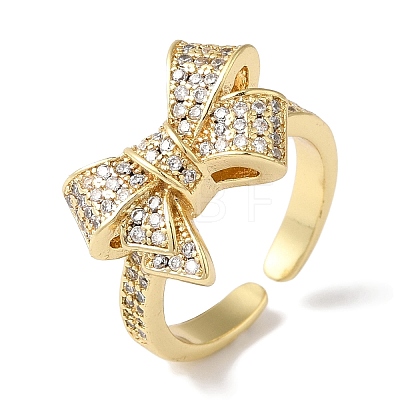 Bowknot Brass Micro Pave Clear Cubic Zirconia Open Cuff Rings for Women RJEW-C098-13G-1