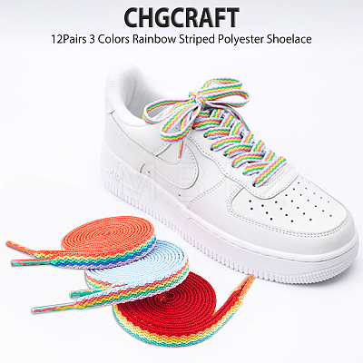 CHGCRAFT 12Pairs 3 Colors Rainbow Striped Polyester Shoelace AJEW-CA0002-34-1