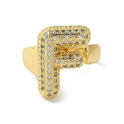 Letter Brass Micro Pave Clear Cubic Zirconia Open Cuff Ring for Women RJEW-N046-03F-G-1