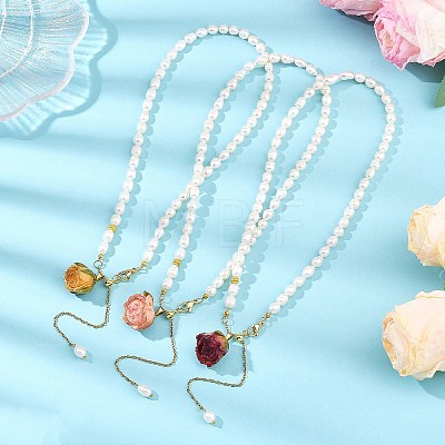 Brass Epoxy Resin Inner Dried Rose Flower Pendant Natural Pearl Beaded Lariat Necklaces NJEW-JN06674-1