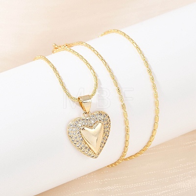 Brass Micro Pave Clear Cubic Zirconia Heart Pendant Necklaces NJEW-Q040-02G-1