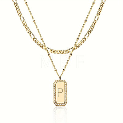 Brass Micro Pave Clear Cubic Zirconia Rectangle with Initial Pendant Double Layer Necklaces for Women FS-WG478B5-16-1