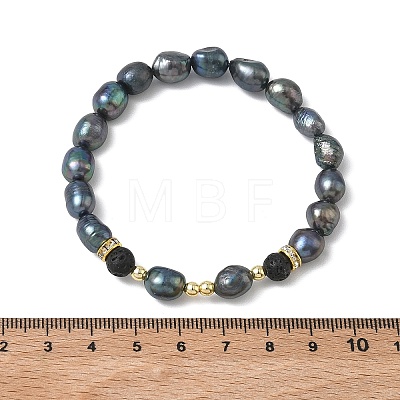 Natural Cultured Freshwater Pearl & Lava Rock Beaded Stretch Bracelets for Women BJEW-JB13714-01-1