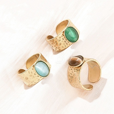 304 Stainless Steel with Glass Cat Eye Cuff Rings for Women RJEW-K309-40E-1