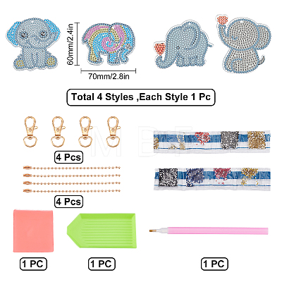 DIY 4Pcs Elephant Diamond Painting Keychain Kits DIY-SC0016-88-1