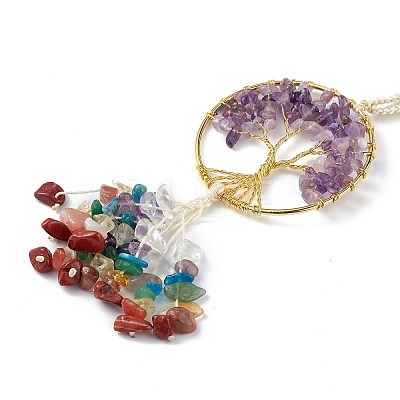 Natural Amethyst Tree of Life with Mixed Gemstone Chips Tassel Big Pendant Decorations HJEW-H057-03G-A06-1