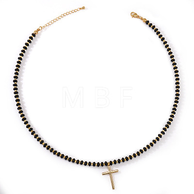 Stainless Steel Religion Cross Pendant Natural Gemstone Rondelle Beaded Necklaces for Women PO2692-2-1
