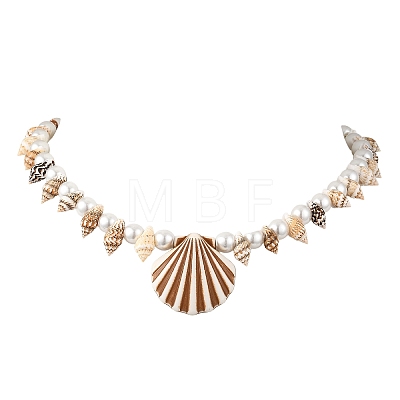Ocean Natuarl Spiral Shell & Baking Paint Glass Pearl Round Beaded Opaque Acrylic Pendant Necklaces NJEW-JN06306-02-1
