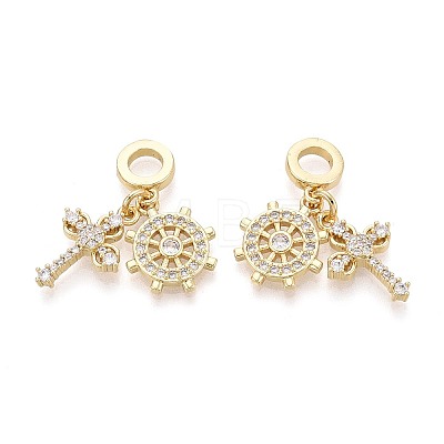 Brass Micro Pave Clear Cubic Zirconia European Dangle Charms KK-T080-45G-1