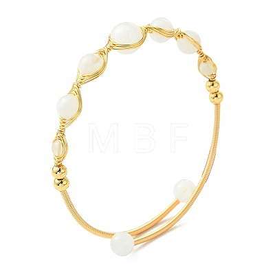 Herringbone Wire-Wrapped Natural Rainbow Moonstone Brass Cuff Bangles BJEW-JB14039-03-1