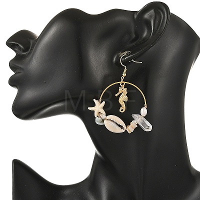 Alloy & Natural Shell & Natural Quartz Crystal & Natural Larimar & Synthetic Turquoise Dangle Earrings EJEW-JE07515-1
