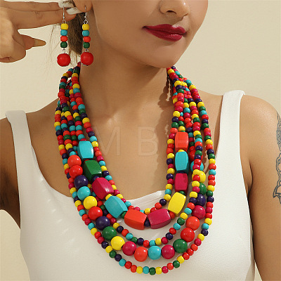 Wood Beaded Multilayer Necklaces & Dangle Earrings Sets WG1A9CE-05-1