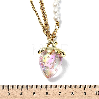 Acrylic Strawberry Pendant 304 Stainless Steel Mixed Chain Necklaces with Shell Pearl Beads NJEW-JN06114-01-1