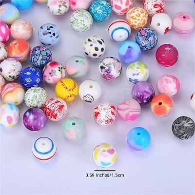 Printed Round with Heart Pattern Silicone Focal Beads SI-JX0056A-225-1