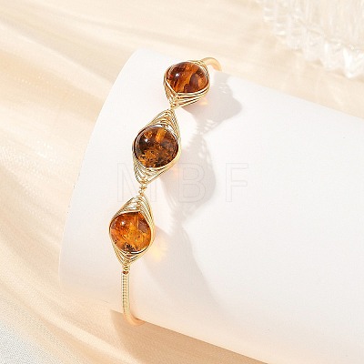 Natural Amber Horse Eye Herringbone Wire-Wrapped Open Cuff Bangles BJEW-JB14461-1