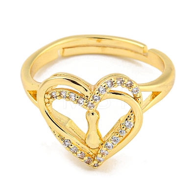 Heart with Letter Rack Plating Brass Micro Pave Clear Cubic Zirconia Adjustable Rings for Women RJEW-I105-01G-I-1