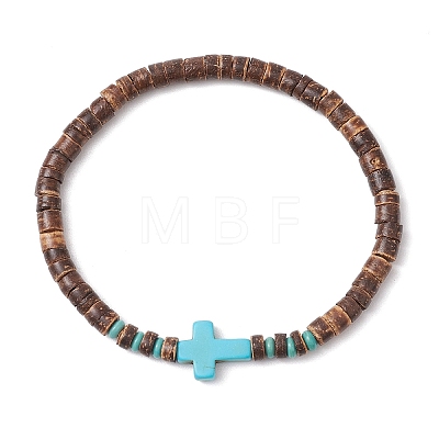 Cross Natural Coconut & Synthetic Turquoise Beads Stretch Bracelets for Men BJEW-JB11389-01-1