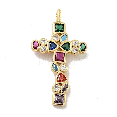 Cross Brass Micro Pave Colorful Cubic Zirconia Pendants X-KK-G419-17G-1