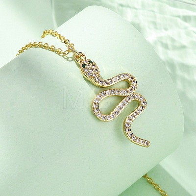 Brass Micro Pave Clear Cubic Zirconia Snake Pendant Necklaces NJEW-S438-02F-G-1