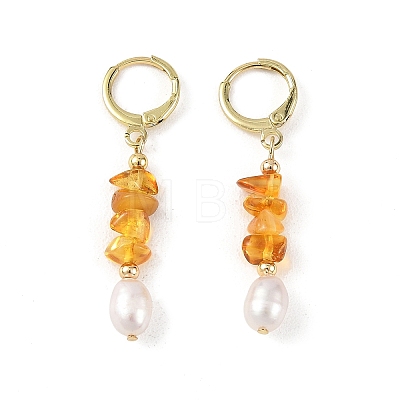 Natural Lavender Amethyst & Natural South Red Agate & Natural White Moonstone & Natural Amber & Natural Apatite Chip & Brass Hoop Earrings EJEW-JE07220-1