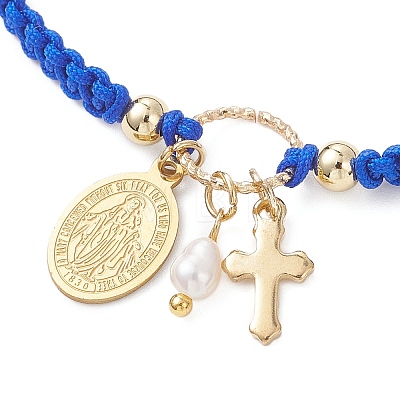 Oval with Virgin Mary & Cross 304 Stainless Steel & Natural Freshwater Pearl Charm Bracelets BJEW-JB12928-1