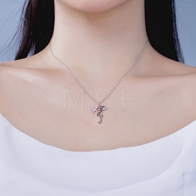 Rhodium Plated Summer Beach 925 Sterling Silver Micro Pave Clear Cubic Zirconia Cable Chain Sea Horse & Starfish Pendant Necklaces NJEW-Q342-06P-1