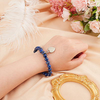 Olycraft Natural Lapis Lazuli Round Beaded Stretch Bracelet with Alloy Heart Charm BJEW-OC0001-09D-1