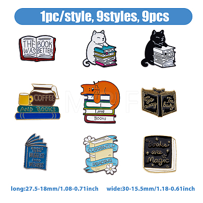 9Pcs 9 Style Cat & Book & Word Enamel Pins JEWB-HY0001-15-1