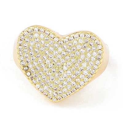 Clear Cubic Zirconia Heart Signet Open Cuff Ring RJEW-I083-13G-1