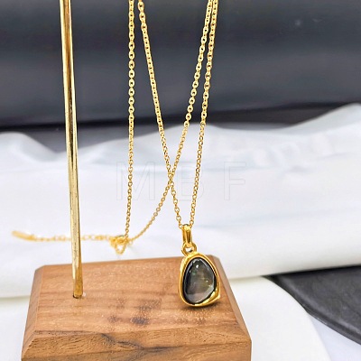 Natural Black Lip Shell 304 Stainless Steel Teardrop Pendant Necklaces for Women WGF5E8A-02-1