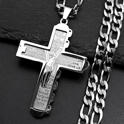 304 Stainless Steel Jesus Cross Pendant Necklaces NJEW-B153-01P-1