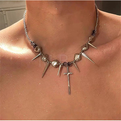 201 Stainless Steel with CCB Plastic Spiked Cross Pendant Choker Necklaces for Men FS-WG8A346-01-1