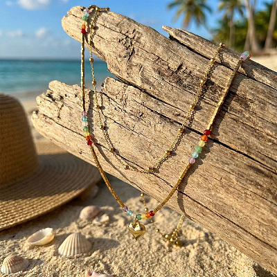 Rainbow Glass & Natural Stone & Brass Beaded Stainless Steel Chain Double Layer Necklaces with Heart Pendant for Beach Vacation Accessories TH6527-1-1