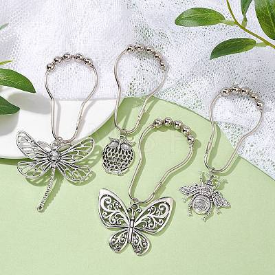 4Pcs 4 Style Owl Butterfly Dragonfly Iron Shower Curtain Rings for Bathroom AJEW-JB01189-1