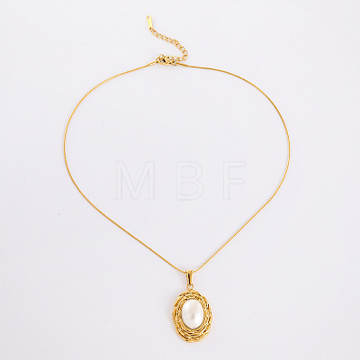 Chic Design Oval Stainless Steel with Imitation Pearl Pendant Necklaces for Women AA0012-1