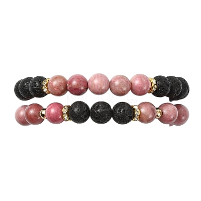 Adjustable Natural Rhodonite and Natural Lava Rock Stretch Bracelets BJEW-JB14150-01-1