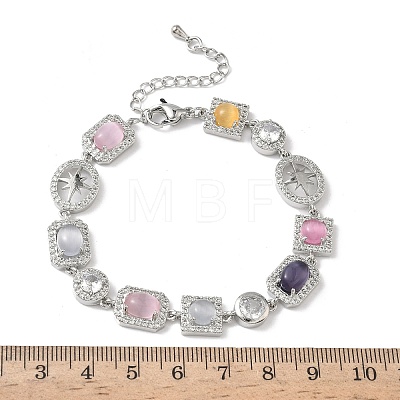 Brass Micro Pave Cubic Zirconia & Cat Eye Rectangle & Square & Oval Link Chain Bracelets for Women BJEW-G764-08P-1