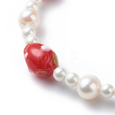 3D Lampwork Strawberry & Shell Pearl Beaded Bracelet for Women BJEW-TA00174-1