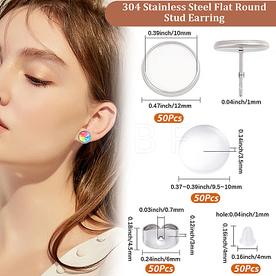 50Pcs 304 Stainless Steel Flat Round Stud Earring Settings STAS-BBC0010-39B-1