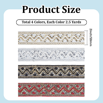 4 Colors Polyester Embroidery Lace Ribbon with Paillette OCOR-CY0004-54-1