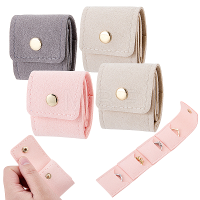 4Pcs 3 Colors 4-Pocket PU Leather Jewelry Rolls with Golden Tone Metal Snap Buttons ABAG-DR0001-18-1
