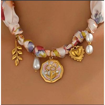 304 Stainless Steel Enamel Pendant Printed Cloth Scarf Necklaces for Women FS-WGDE682-09-1