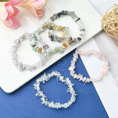 5Pcs 5 Style Natural Mixed Gemstone Chips Beaded Stretch Bracelets Set for Women BJEW-FZ00007-1